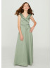 V Neck Sage Satin Elegant Junior Bridesmaid Dress